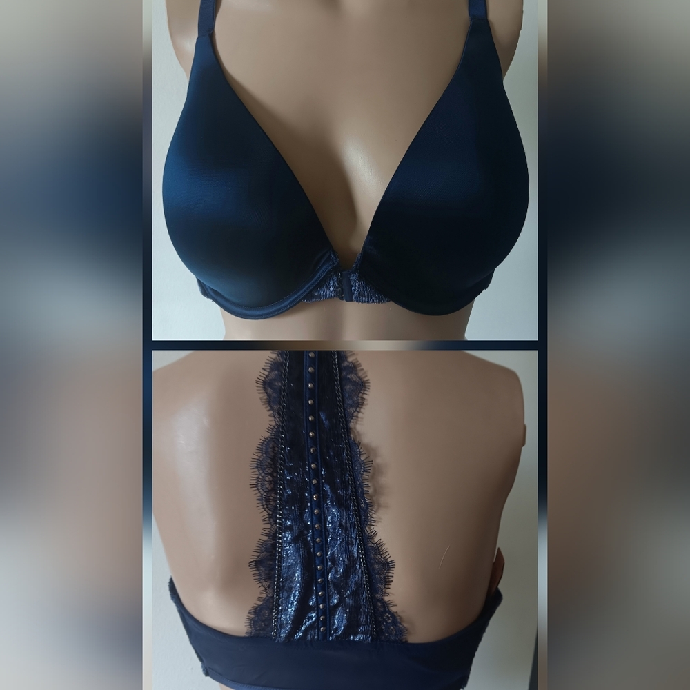 Victoria's Secret NWT Navy Blue Sparkle Lace Trim Bra 34DDD
